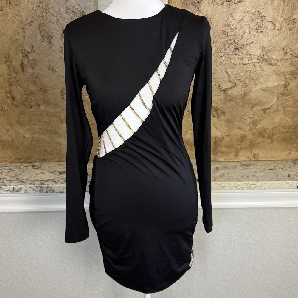 Meshki Chain Dress Women's Medium Black Gold Mini Bodycon Sexy Designer Stretch - Picture 2 of 12